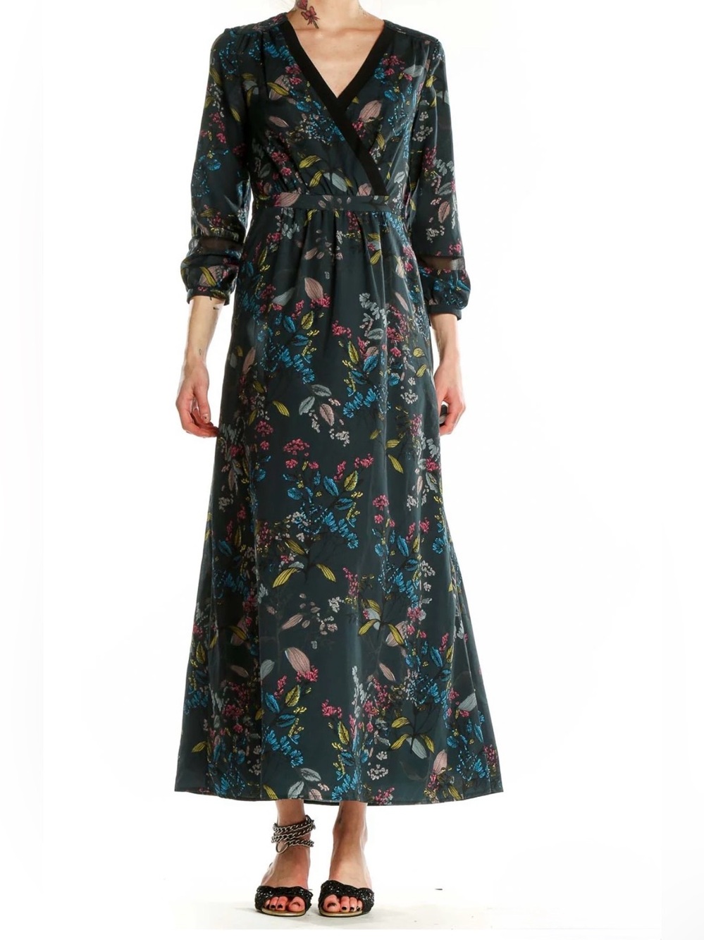 Banana Republic Size 12 Floral Maxi Dress Blue Faux Wrap V-Neck Long Sleeve Boho